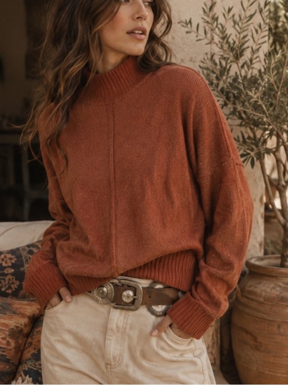 Natural Life Fuzzy Eyelash Oversized Turtleneck Sweater in Rust Orange Size XL